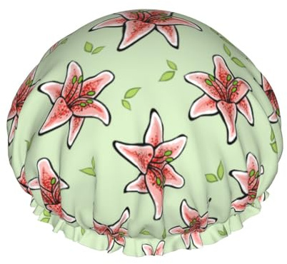 Hair Cap for Shower - Lilies Flowers Green Leaves Large Shower Cap Reusable Waterproof, Double Layer Shower Cap for Women, Hair Cap for Shower with Peva Lining and Elastic Rope