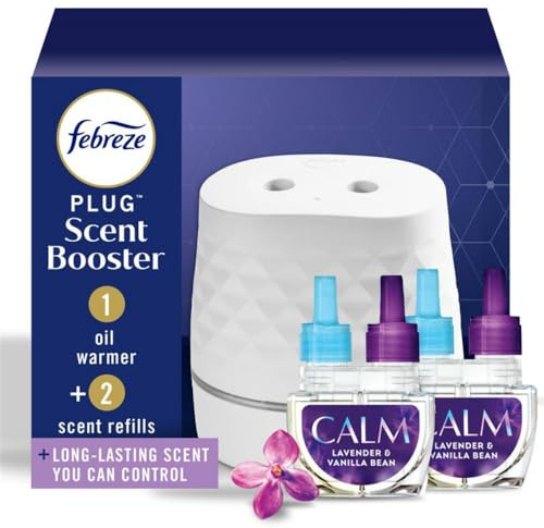 Febreze Plug Scent Booster Starter Kit, Oil Diffuser, Air Freshener Plug in, Continuous Scent Device + 2 Downy Calm Refills