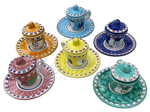 Set di 6 Tazzine da Caffè in Ceramica Artistica Decorata a Mano con Piattino e Coperchio Salva Aroma, Colori Assortiti, Made in Italia