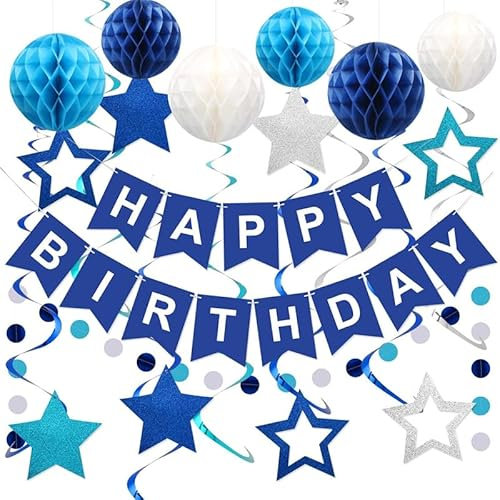 RUDFUZ Blaue Geburtstagsdekorationen, NO DIY - Vorbespannte Happy Birthday Banner mit Wabenball, Glitzersterne hängende Wirbel Luftschlangen, Kreis Punkt Girlande - Geburtstagsfeier Dekorationen für