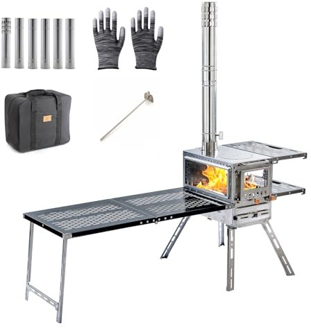 Wood Burning Stove Hot Tent Stove, Stainless Steel Portable Camping Stove with Oven & Camping Table and 6 Chimney Pipe for Outdoor, Camping, Cooking, Tents, Car Travel (Silver Color, Large Sized)