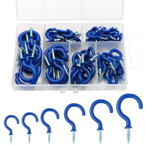 75PCS Blue Hooks for Hanging Ceiling Screw in Hooks, Metal Ceiling Hooks Multipurpose Vinyl Coated Screw-in Wall Hooks for Hanging Plants, Cups, Utensils, Lights and for Indoor & Outdoor Use