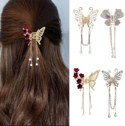 FFWTPY 4 Stück Elegante Schmetterling Haarklammer Kleine Haarspange für Damen Blumen Haarschmuck Fransen Perlen Strass Hair Accessories für Alltag und Feste