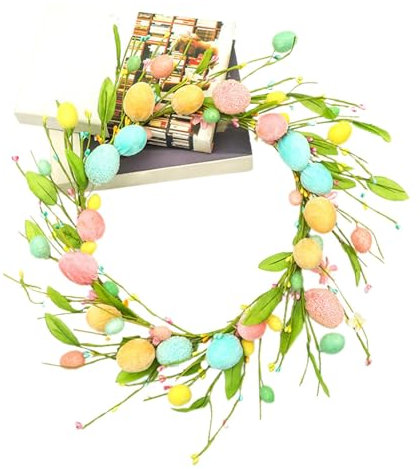 Osterkranz, Frühlingstürkranz, bunte Eierkranz, rustikaler Bauernhaus- , grüne Blätterkranz, saisonale Heimdekoration, Fenster-Wand-Kamindekoration, 45 cm Osterkranz, Frühlingskranz