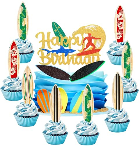 YUEcthynous Lot de 21 décorations de gâteau d'été pour plage, planche de surf, cupcake, planche de surf, décoration de gâteau pour piscine, plage, anniversaire, fête prénatale, accessoires de fête
