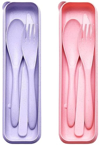 Reusable Cutlery Set with Case, Portable Plastic Travel Knife Fork Spoon | 2 Sets Camping Flatware Utensils for Lunch Box School Work Picnic Daily Use (Purple+Pink)