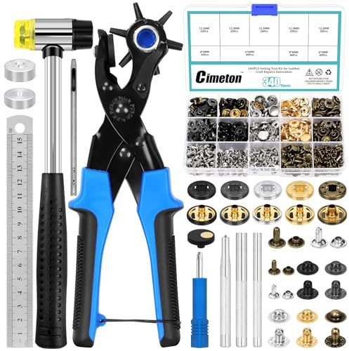 Cimeton 349PCS 12.5MM Button Snaps Press Studs 8 x 8MM 6 x 6MM Leather Rivets Double Cap Rivets with Rubber Hammer Fixing Tool Assortment Kit for DIY Leather Craft Clothes Shoes