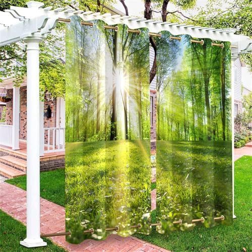 Hiseng Outdoor Vorhänge Wetterfest mit Ösen Oben und Unten, 3D Wald Muster wasserdichte Outdoorvorhänge 2 Set Verdunkelungsvorhang Sichtschutz Vorhang für Garten Balkon (Sonnenschein,137x203cm)