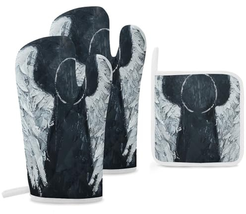 Lot de 3 gants de cuisine et maniques blancs en forme d'ailes d'ange - Résistants à la chaleur de 260 °C - Extra longs - 30 cm - Essentiels pour la cuisine