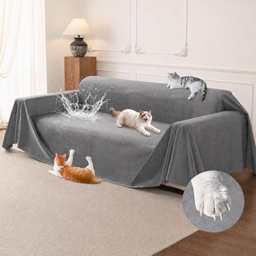 Loiion Fundas de Sofa Anti Gatos, Protector Funda Sofa Cómodo y Suave, Fundas Sofá 3 Plazas, Funda Sofas Gatos y Perros Mascotas, Impermeab Cubierta Protectora de Sofá Gris 340x180cm