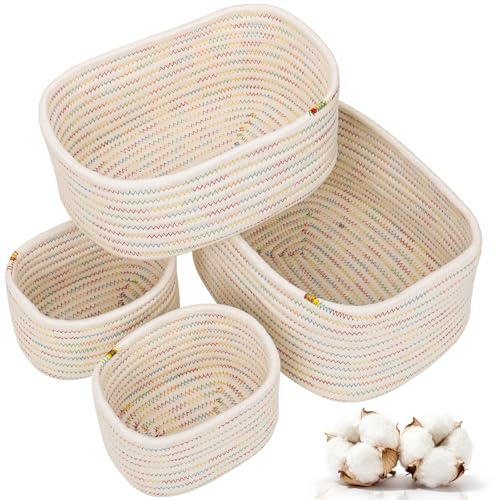 VORHOT Juego de 4 Cestas Almacenaje Tejida con Cuerda de Algodón, Cesta Bebe Organizadoras, Cajas Organizadoras Baño Decorativas para Armarios, Salones, Juguetes, Cambiador
