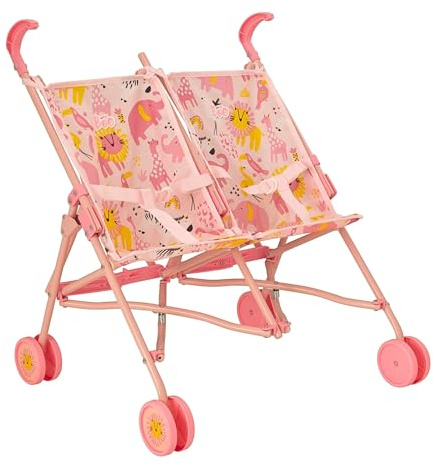 BabyBoo Twin Stroller | Childrens Double Stroller Pram In Pink Jungle | Tandem Pushchair For Childrens Baby Doll | Toy Umbrella Fold Stroller | Role Play Toy Dolls Buggy Pushchair | Ages 3+