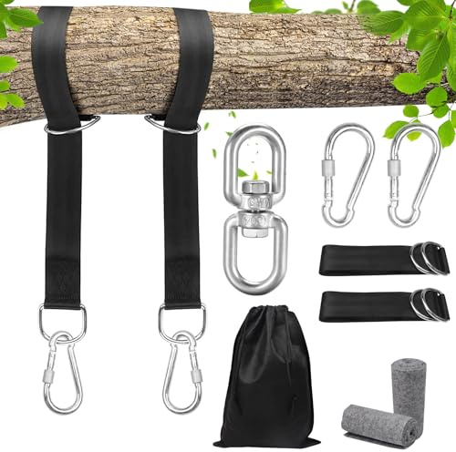 900KG Schaukel & Hängematte Aufhängung - ohne Bohren für Baum, Balken, Türrahmen. Mit Edelstahl-Drehwirbel, Karabinern, D-Ringen & Baumschutz. Schnellmontage.