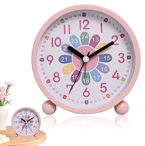 Fynokst Kinderwecker für Mädchen mit Nachtlicht, Lernwecker für Schulanfänger ohne Ticken - Leiser Wecker Kinder mit Batteriebetrieb (Ohne Batterien), Einschulung(rosa)