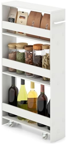 GIANTEX Scaffale per Nicchia da 20 cm di Larghezza, con Base di Ricarica, 4 Piani in Legno su Ruote, Scaffale Sottile per Cucina e Bagno, Carrello a Rotelle (Bianco+Bianco, Largo 13 cm)