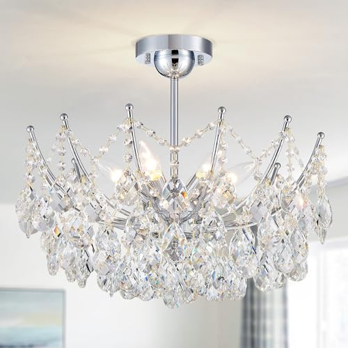 Crystal Ceiling Light Fixture, 6-Lights Modern Crystal Chandeliers for Dining Room Light Fixture, Semi Flush Mount Ceiling Light for Bedroom Kitchen Hallway Entryway Foyer Bathroom Living Room