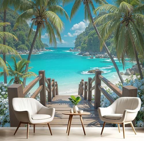3D Panoramic Custom Wallpaper Mural, Wall Poster Palm Trees On The Beach Photo Wallpaper Tropical Ocean Scenery Photos, 250×175 Cm Mural, Poster Decoration for Bedroom Living Room Corridor