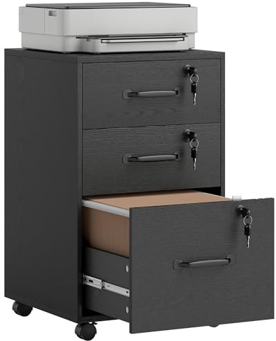 HOMCOM Mobile Filing Cabinet with 3 Drawers and Wheels, Lockable Rolling Under Desk Drawers for A4 and Letter Sized Hanging File Holders, Printer Stand for Home Office, Black