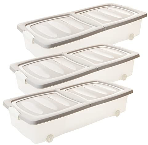 2friends Unterbettkommode 3er-Set Rollboxen 32L Transparent 80x40x17cm Kunststoff, geteilte Deckel, Clip-Verschlüsse, mit Rollen und Griff, Unterbett Aufbewahrungsbox hergestellt in EU, Sand/Weiß