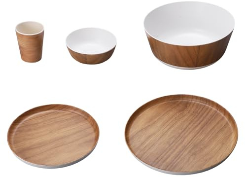 Juego de vajilla de melamina con diseño de grano de madera, plato rústico estético para servir, utensilios de cocina, apto para lavavajillas para fiestas en interiores y exteriores