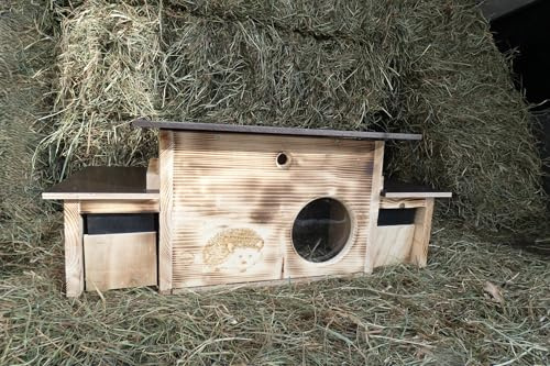 Igelhaus 45cm x 40cm x 28cm Igelhotel Vollholz Winterfest Kein Bausatz: easytouch-Rattenklappe mit und ohne Boden, mit Laby. Eingang als Tunnel. In Imprägniert oder geflammt (geflammt, mit Boden)