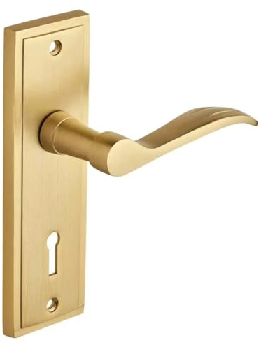 Designer Levers Berkeley Lever Modern Design Lock Door Handle | Brushed brass; zinc construction; includes 1 pair, 8mm spindle and screws; designed with strength.