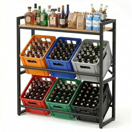 Treeboy Getränkekistenregal 6 Kisten mit Ablage Kistenregal Getränkeregal | Freistehend Bar Vorratsschrank Barschrank Getränke Regal Weinregal Metall trag. 370 kg, 32D x 104W x 114H cm Naturholzfarbe
