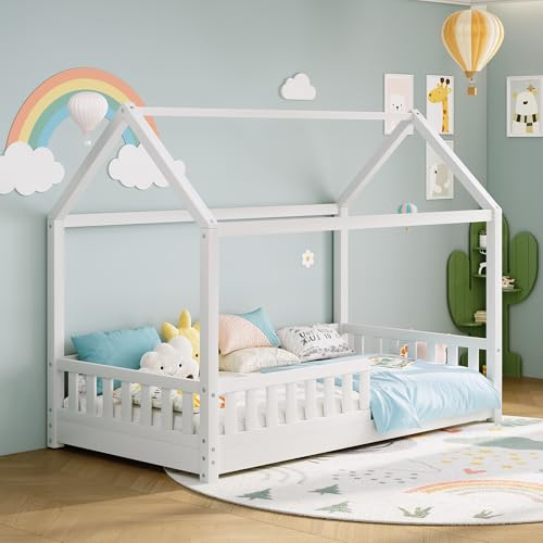 LUXOAK Kids House Bed, Natural Wood, 90x190cm, Solid Pine Wood (White) | 100% Solid Pine Wood, Removable Safety Guardrails, Single Floor Bed for Toddler, Easy Assembly