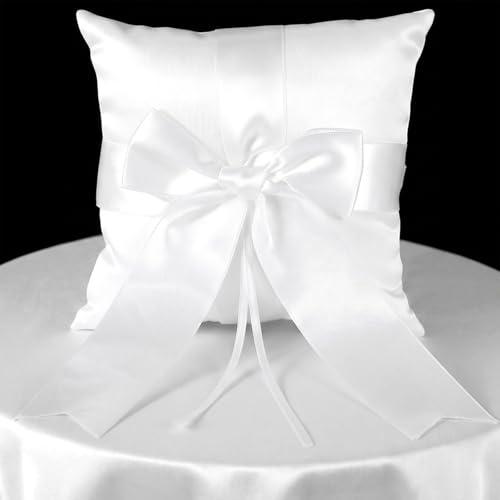 RAHHLIZS Wedding Ring Pillow Ivory Satin Square Ring Bearer Pillow with Bow Ribbon, Bowknot Ringbearer Cushion for Wedding Party Ceremony Anniversary, 5.91x5.91 Inch