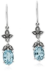 Gemondo Topaze Boucles D'Oreilles, Argent Sterling Topaze Bleu & Marcassite Ovale Art Nouveau Boucles D'Oreilles Goutte
