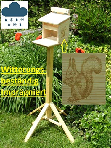 XXXL Echhörnchen Kobel/Futterhaus hochwertigem Vollholz, niederbayerisches Qualitätsprodukt vom Schreiner, Imprägniert (Futterhaus imprägniert mit Ständer)