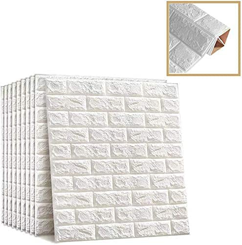 BOJU 10Pcs 3D Tile Brick Wall Stickers Self-Adhesive Wallpaper Foam Panel White 38×44cm