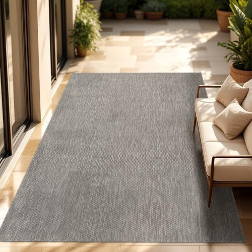 Paco Home Outdoor Teppich, Wetterfest Pflegeleicht Küchenteppich Ideal für Terrasse Balkon Garten, Flachgewebe Sisaloptik Modern Einfarbig meliert, 300x400 cm Rechteckig, Grau