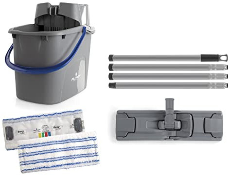 EASY WASH Kit lavapavimenti professionale - Secchio con strizzatore + Telaio pieghevole + Panno Mop microfibra + Manico cm.140