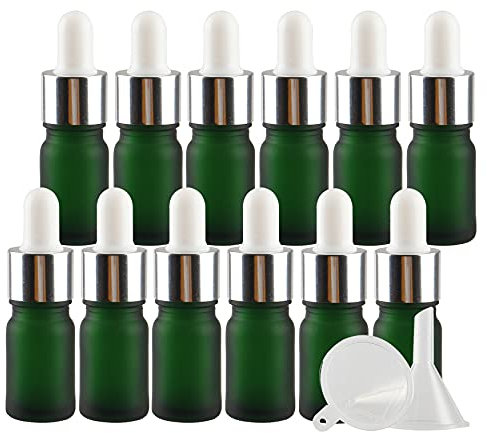 TIANZD 24 Pezzi 5 ml Bottiglie Contagocce in Vetro Verde Opaco con Pipetta Tappo a Vite Argento per Oli Essenziali, Contenitori di Aromaterapia, Cosmetici
