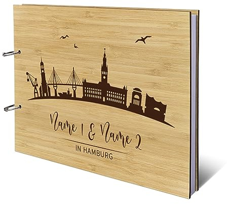 Hochzeit Gästebuch Bambus Ringbuch Stadt Gravur individuell Holzcover 72 Blatt | 144 Seiten DIN A4 quer 302x215mm - Hamburg