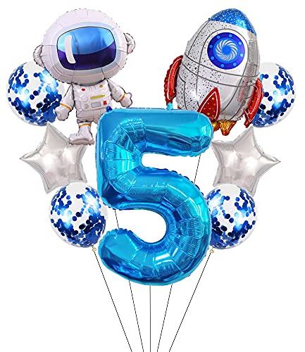 Liitata Weltraum Luftballon Set 5. Kinder Geburtstag Deko Zahl 5 Folienballon Blau Großes Astronaut Raketen Luftballons Stern Ballon Konfetti Luftballons für Junge Geburtstag Party Motto Party Deko