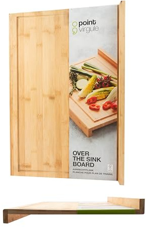 Point-Virgule Arbeitsfläche Schneidebrett mit Anschlagkante aus Holz mit Saftrille, Küche zubehör zum Brot, Fleisch, Obst und Gemüse schneiden, braun und weiß, Groß, 40x30x6,8 cm