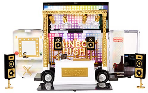 Rainbow High Vision World Tour Bus & Bühne - 4-in-1-Deluxe-Spielset mit Lichtern — Inklusive DJ-Pult, Scheinwerfer, Schminktisch, Accessoires und Batterien — Für Kinder und Sammler ab 6 Jahren