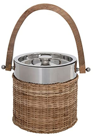 Creative Co-Op Stainless Steel and Woven Rattan Mango Wood Handle Ice Bucket, 7 L x 10 W x 7 H, Natural