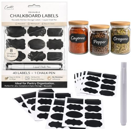 Chalkboard Labels 40 Pack with Liquid Chalk Pen for Jars and Pantry Storage | Reusable 6 x 4cm kitchen labels in 8 shapes for jars, spice pots and pantry storage, with wipe-clean surfaces for relabelling