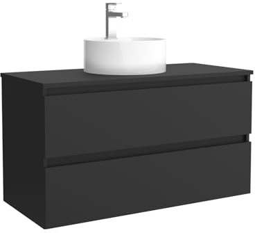 Salgar Mueble de baño Bequia 100 cm con Lavabo 100% montado de fábrica | Acabado Negro Mate suspendido 2 cajones Cierre amortiguado Apertura con uñero | Lavabo sobre encimera