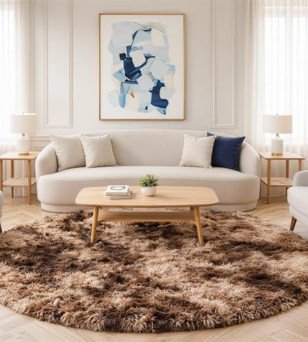 VOFUSHON Teppich Wohnzimmer Rund 150 cm Braun | Hochflor, Waschbar, OEKO-TEX Zertifiziert, 35D Rückprallschaum, Schlafzimmer, Rutschfeste Unterseite, Flauschig