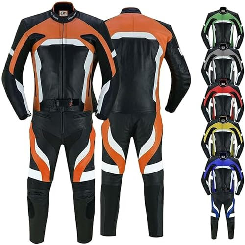 German Wear Motorradkombi Herren 2-teiler Biker Lederkombi aus Kalbsleder - mit alle Protektoren, abmehmbar & waschbar Thermofutter, Verstellbarer Taillengürtel und Reißverschluss-Taschen Orange - 52