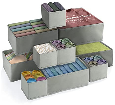 FAMKEEP 10 Stück Schubladen Ordnungssystem Kleiderschrank Organizer，Faltbare Aufbewahrungsbox Stoff,Grau Faltbare Aufbewahrungsbox Stoff,Schrank Schubladentrenner für Kleidung, BHS, Socken, Krawatten