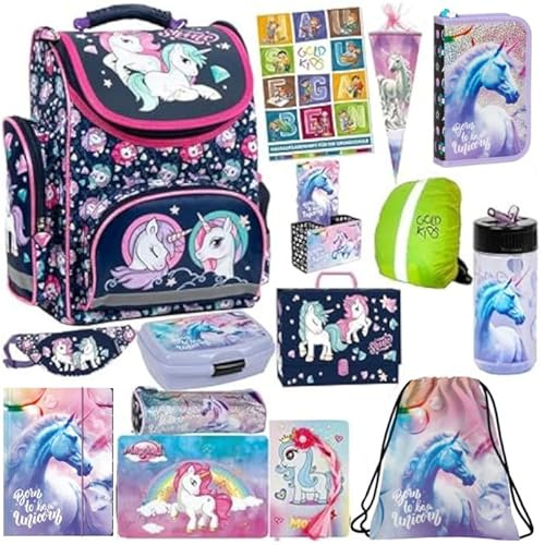 Goldkids Einhorn Schulranzen XXL Set 15er Ranzen Tornister Federmappe Turnbeutel Gummizugmappe Zuckertüte Brotdose Trinkflasche Aufgabenheft Aktentasche Unicorn Motiv