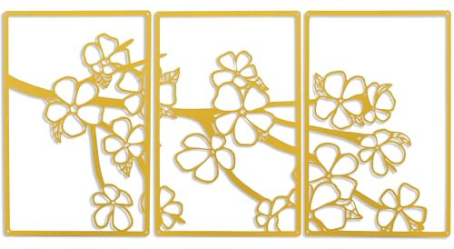 LUXORA Line Art Wanddekoration, 3 Stück, goldfarbene Metall-Wanddekoration mit Kirschbaum-Design, goldene Metall-Wanddekoration mit Befestigungsset zum Installieren und Erstellen eines 3D-Effekts, 2