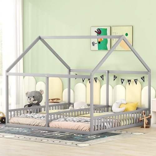 KecDuey 90 x 200cm Einzelbetten, Flache Betten, Hausbett, Einzelbetten mit Rausfallschutz für 2 Kinder,2-in-1-Betten, Bodenbett (Grau)