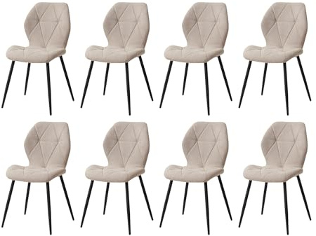 GrandCA HOME Set di 8 Sedie da Pranzo, Sedie da Pranzo Imbottite, Sedie da Cucina Nordiche con Gambe in Metallo, Cuscini in Tessuto a Rombi, Beige-R