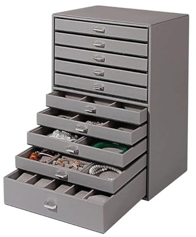 BKEKM Schmuckschatulle, 10-lagiger Schmuckkästchen-Organizer, Leder, großes Fassungsvermögen, Schmuckaufbewahrung, 24 cm x 19,5 cm x 36,6 cm, tragbarer Schmuckkoffer